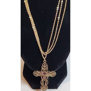 Gold Tone Apostrophe Cross Purple Rhinestone on Three Chain Necklace w/ Earrings